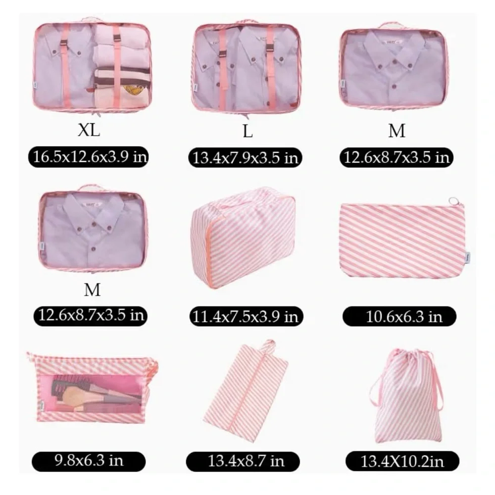NWT (9) Piece Compression Packing Cubes Pink and White Garment Bags Set